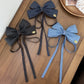 Vintage Denim Blue Hair Bow Clip Long Ribbon Hairpins Barrettes Headwear For Women Girls Accessories Wedding Jewelry Hair Ties