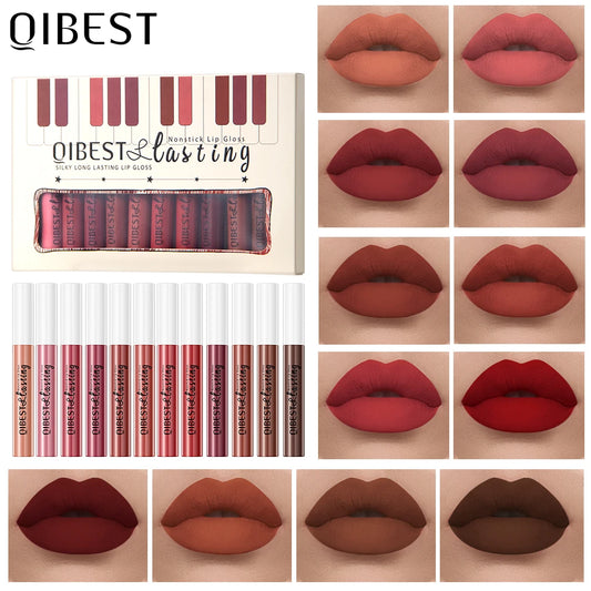 QIBEST 12 Colors Matte Liquid Lipstick Sets Lip Gloss Waterproof Long Lasting Sexy Red White Black Nude Lipgloss Makeup Sets