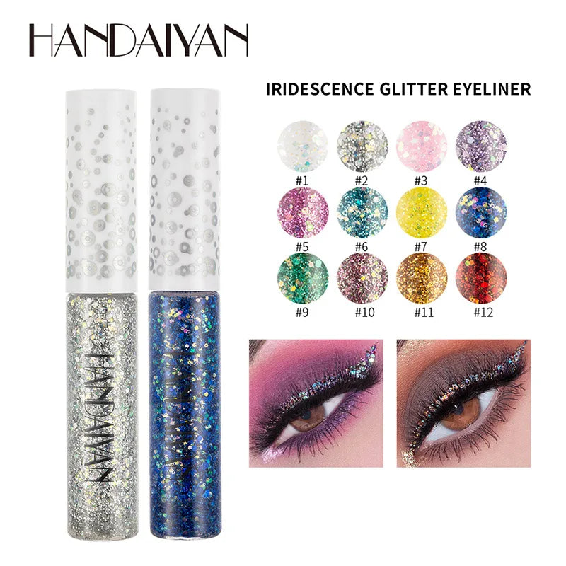 HANDAIYAN 12 Colors Shiny Eye Liners Pigment Silver Rose Gold Color Glitter Liquid Eyeliner Metallic Colorful Makeup For Women