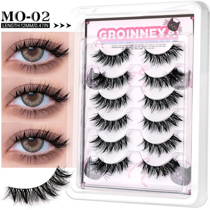 GROINNEYA Manga Eyelashes Natural Spiky Mink Lashes Natural Curl Full Strip Clear Stem Lashes Soft Fake Lashes Extension Makeup