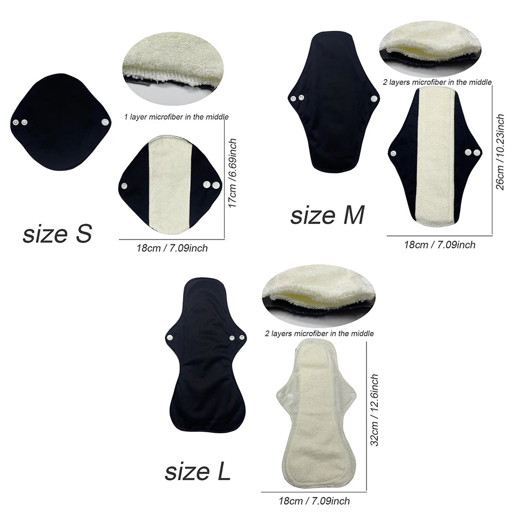 4 Pack Women's Eco-Friendly Bamboo Reusable Sanitary Pads Black Cloth Washable Period Pads Sanitary Napkins