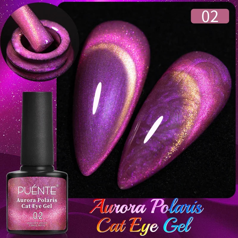 PUENTE 7.5ML Golden Gems Cat Magnetic Gel Nail Polish Pink Brown Blue Colors Golden Glitter Cat Eye Soak Off UV Nail Art Varnish