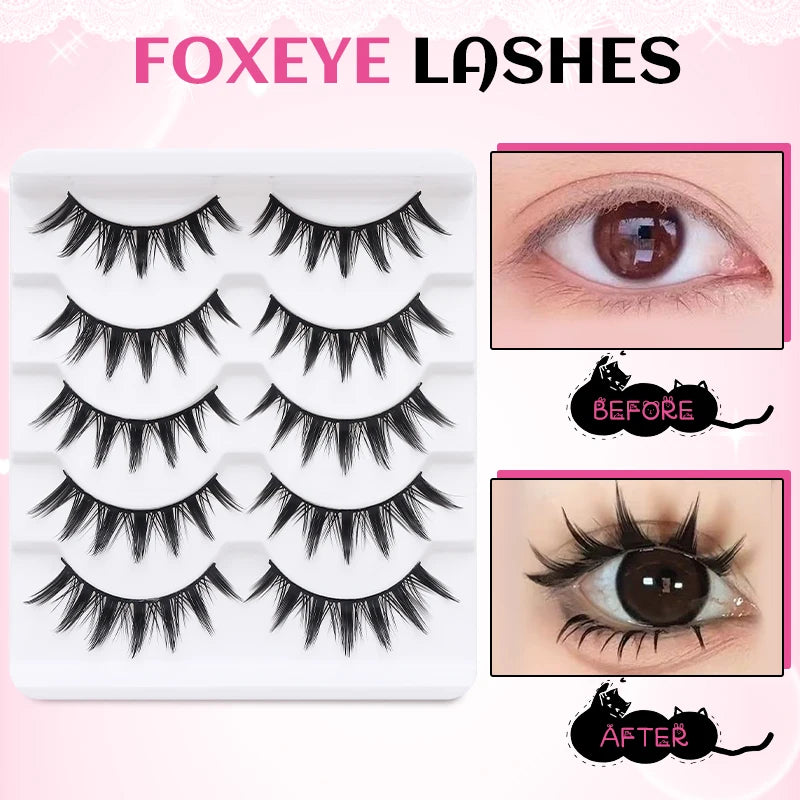 DINGSEN 5 Pairs Manga Lashes Cosplay Fake Eyelashes Strip Lash Soft Natural Look Fox Eye Korean Manhua Makeup False Eyelashes