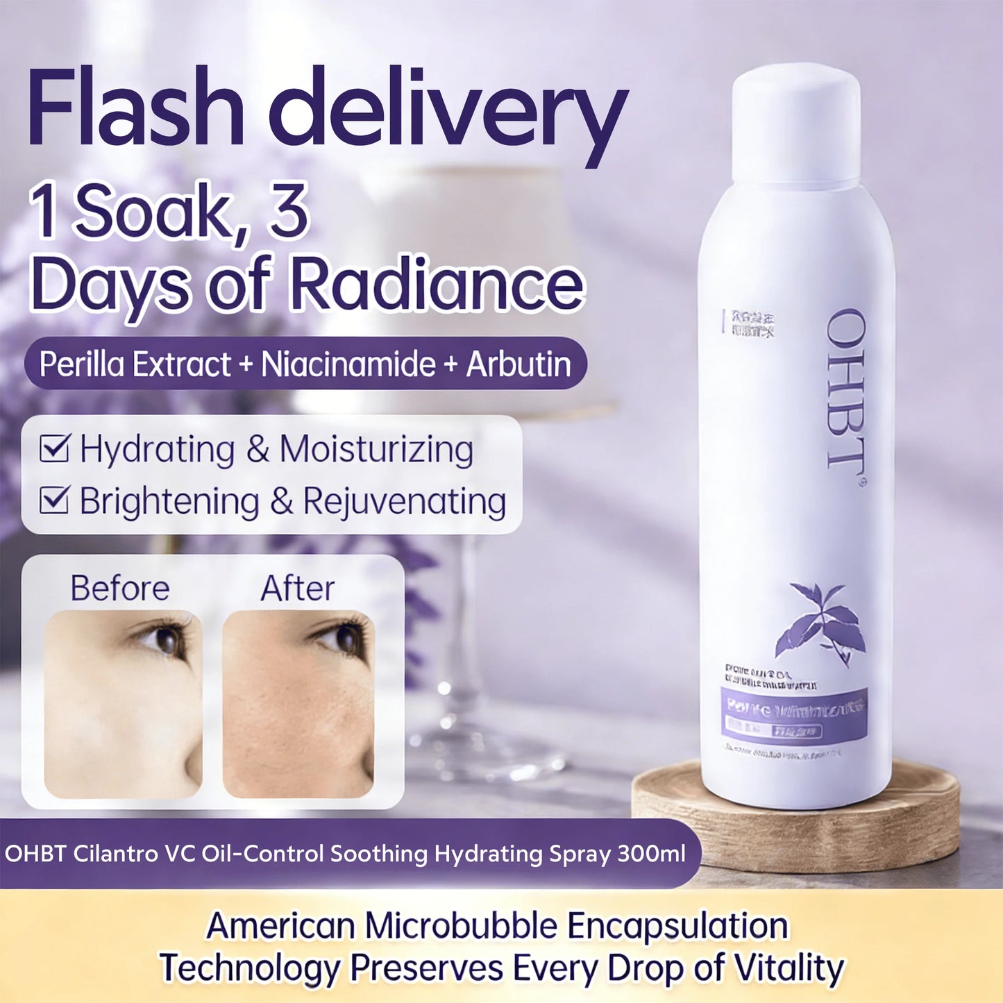 OHBT Cilantro Pre-Care Soothing Hydrating Spray for Makeup Application -Small Molecule Hyaluronic Acid Moisturizing Facial Toner