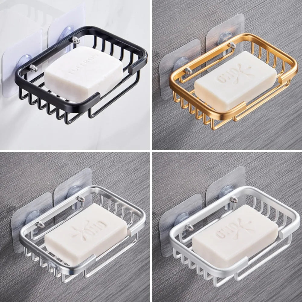 Quality Wall Mounted Soap Dish Self-adhesive Drill Free Metal Soap Holder Hollow Type Aluminum Soap Storage Rack Bathroom