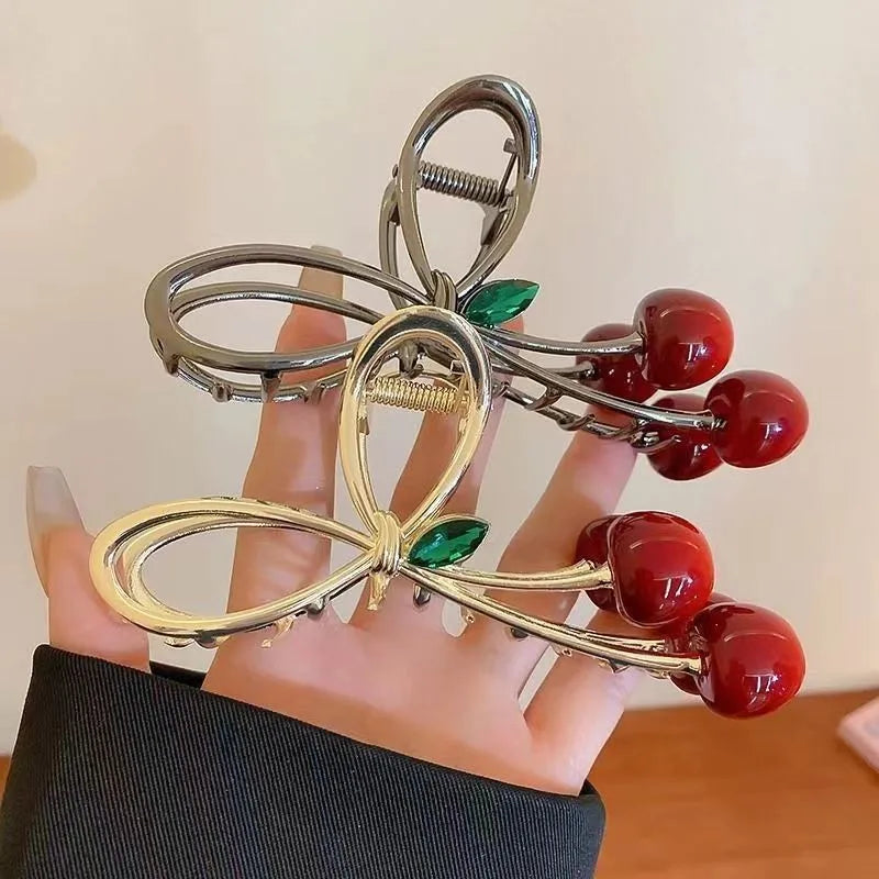 Women Elegant Cherry Hair Claw Grab Clips Bow Hairpins Korean Fashion Barrettes Girls Ponytail Shark Clip Hair Accessories