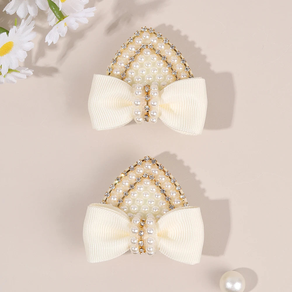 2Pcs Cat Ear Bow Hair Clips Elegant Pearls Rhinestone Hairpins Ribbon Barrette For Girls Children Headdress Hair Accessories