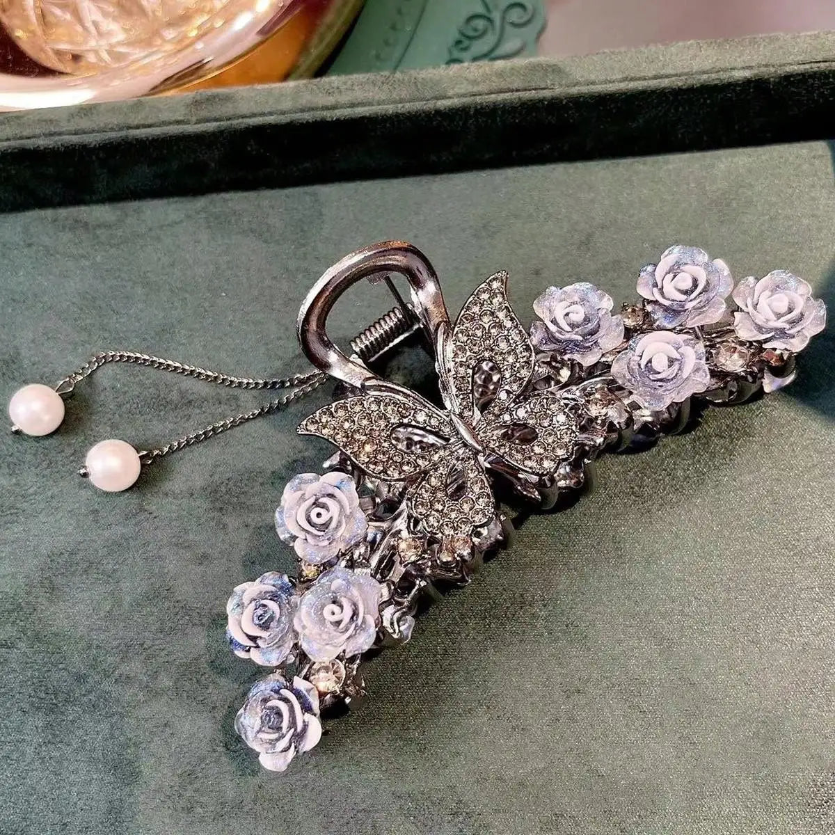 1pc Women's Blue Fairy Orchid Ringflower Water Diamond Butterfly Fashion Style Grip Clip Pan Hair Shark Clip Hair Accessories