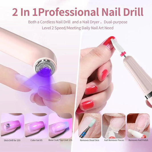 Professional 2-in-1 USB Nail Drill & LED Lamp - Cordless Rechargeable Manicure Tool for Home Salon Use, Portable Nail Machine