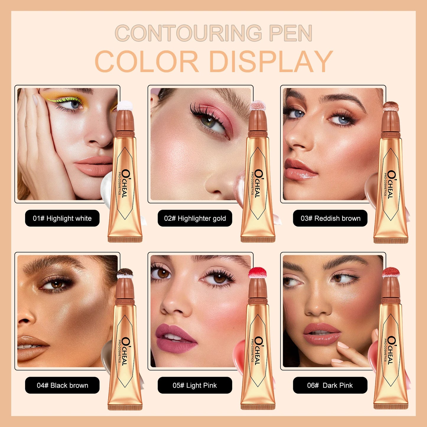 OCHEAL 6-color Face Liquid Blusher Cream Facial Cheek Eye Press Brush Head Highlighter Powder Blusher Contouring Makeup Cosmetic