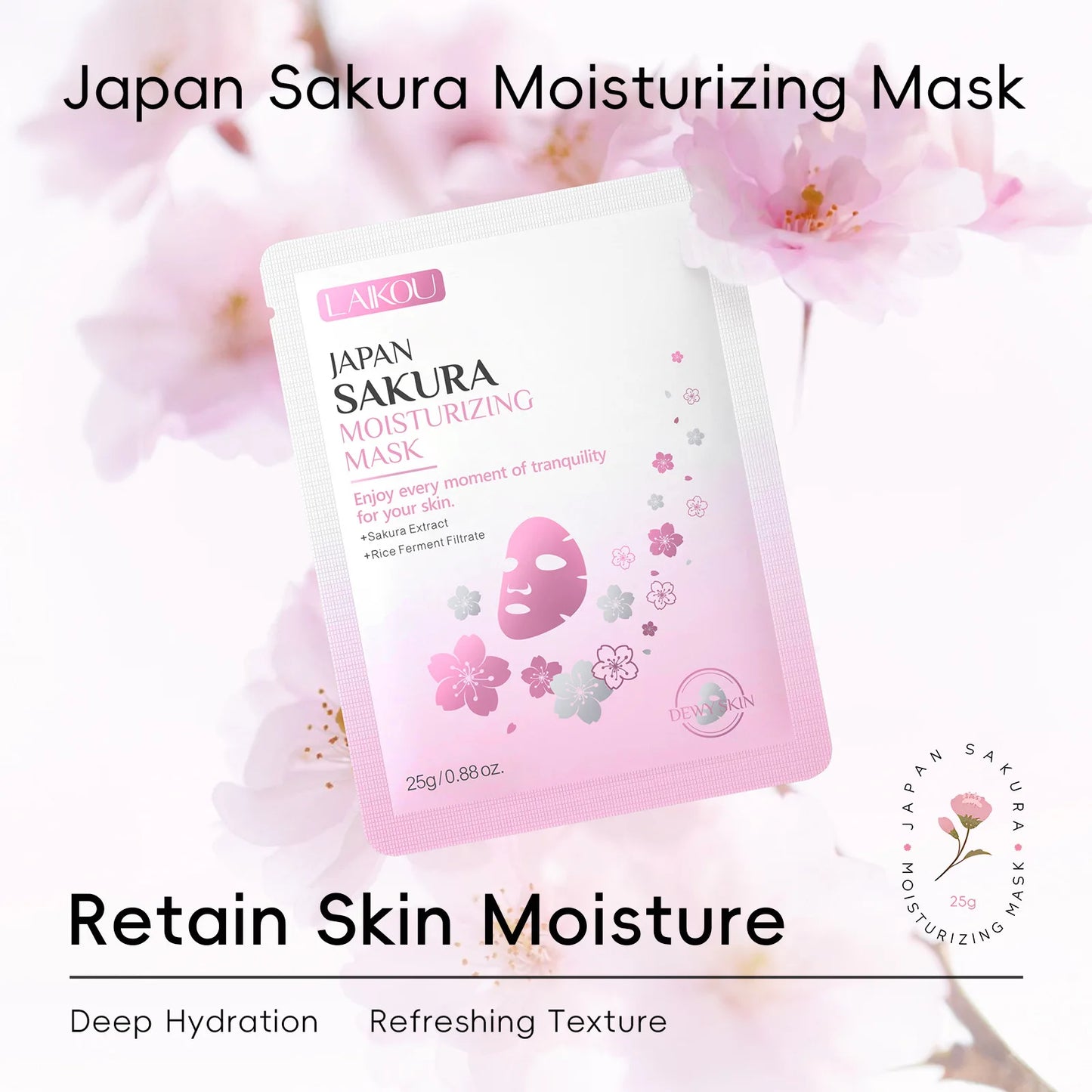 Laikou Sakura Facial Mask, Hydrating & Brightening Sheet Mask for Moisturized and Radiant Face Masks Skin Care Cosmetics 25g