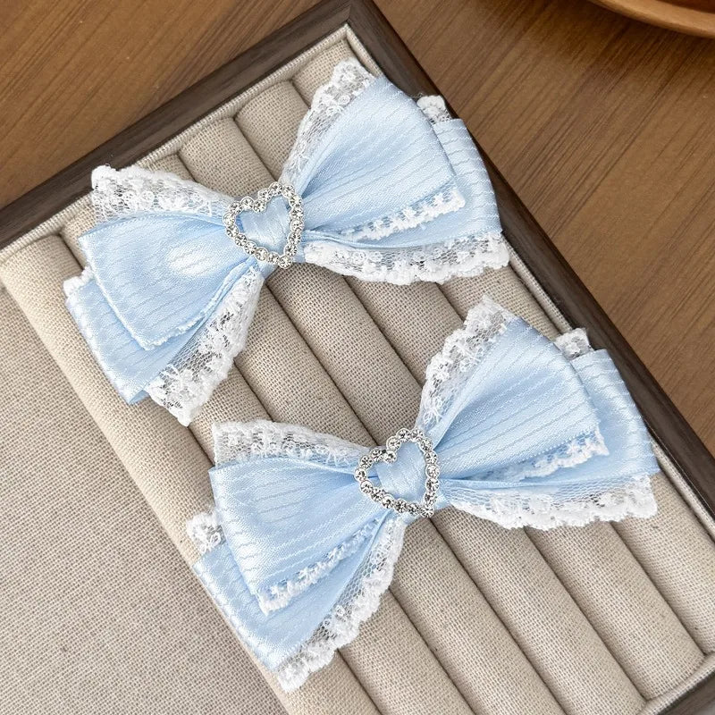 Lace Stripe Satin Bow Hair Clip Heart Rhinestone Barrettes Women Lolita Daily Wedding Party Hair Accessories Hair Clips ForWomen