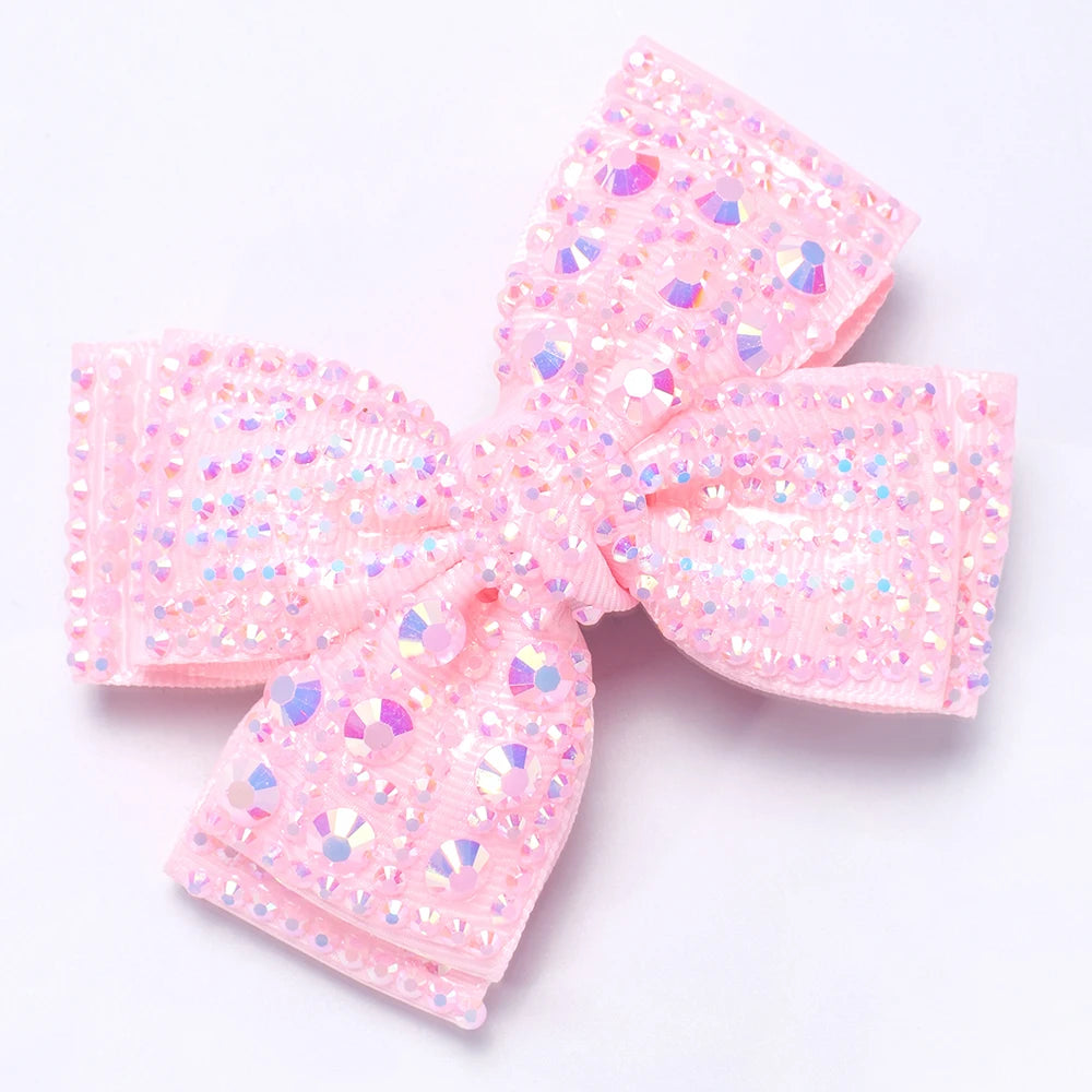 Rhinestone Bow Hair Clips Sweet Ribbon Barrette Baby Girls Sparkling Crystal Hairpins For  Children Kids Headwear Accessories