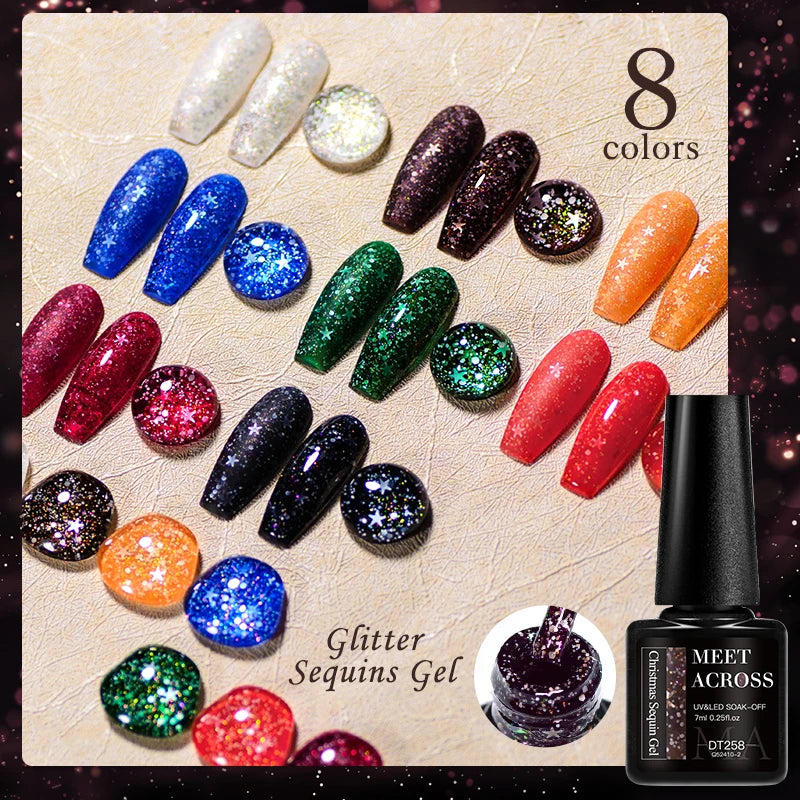 MEET ACROSS 7ml Glitter Gel Nail Polish Shiny Christmas Sequins Winter Color Semi Permanant Soak Off Nail Art Varnish Manicure