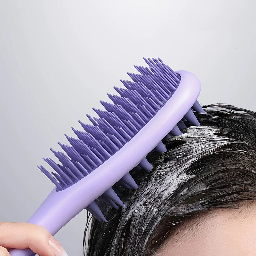Long Handle Double-Sided Scalp Massager Hair Brush - Dual-Sided Silicone Bristles & Scalp Massager, Wet/Dry Use for Normal Hair