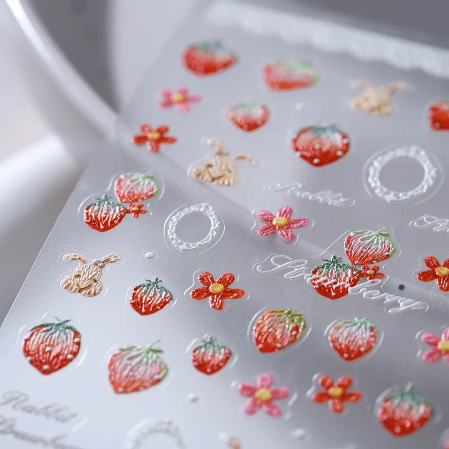 Lovely Red Fruit Strawberry Cherry Bowknot Love Heart Star Silk Ribbon 5D Nail Art Stickers Chic Self Adhesive Manicure Decal
