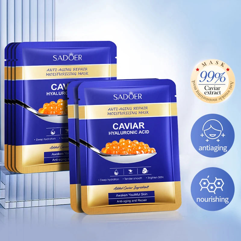 5/10pcs SADOER Caviar Hyaluronic Acid Moisturizing Facial Masks Brightening Firming Hydrating Face Mask Skin Care Products