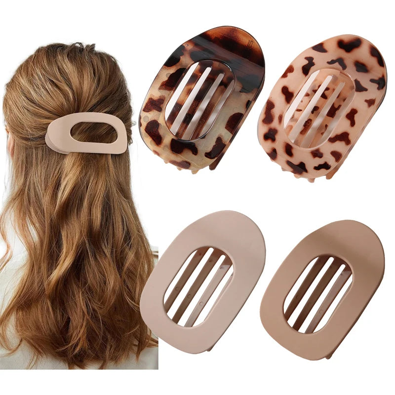 Fashion Oval Flat Hair Clips for Women New Design Leopard Large Flat Round Claw Clip French Acrylic Lying Down Hair Accessories