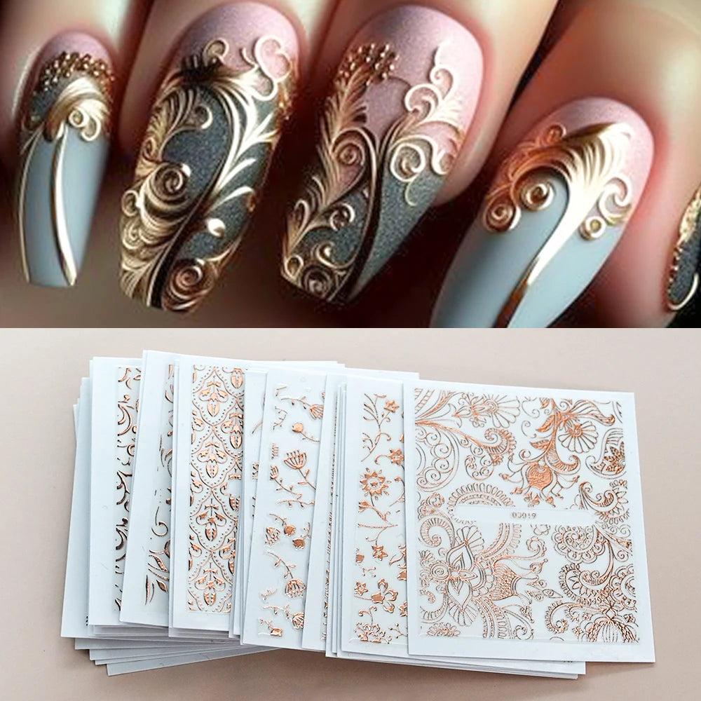 30pcs 5D Embossed Rose Golden Lace Floral Nail Stickers Retro Vine Flower Nail Decals 5.5*6.5cm Irregular Geometric Nail Sliders