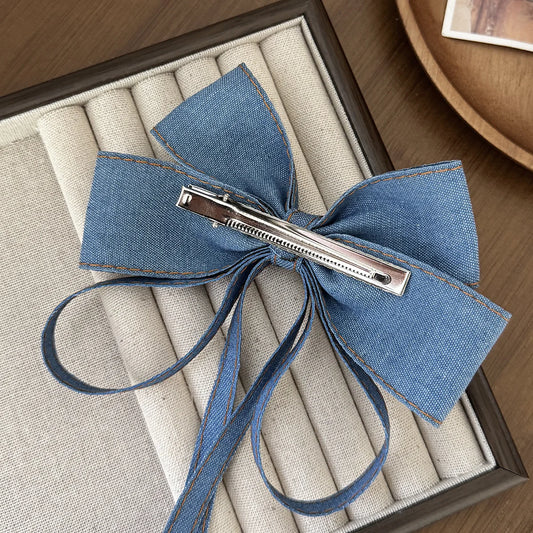 Vintage Denim Blue Hair Bow Clip Long Ribbon Hairpins Barrettes Headwear For Women Girls Accessories Wedding Jewelry Hair Ties