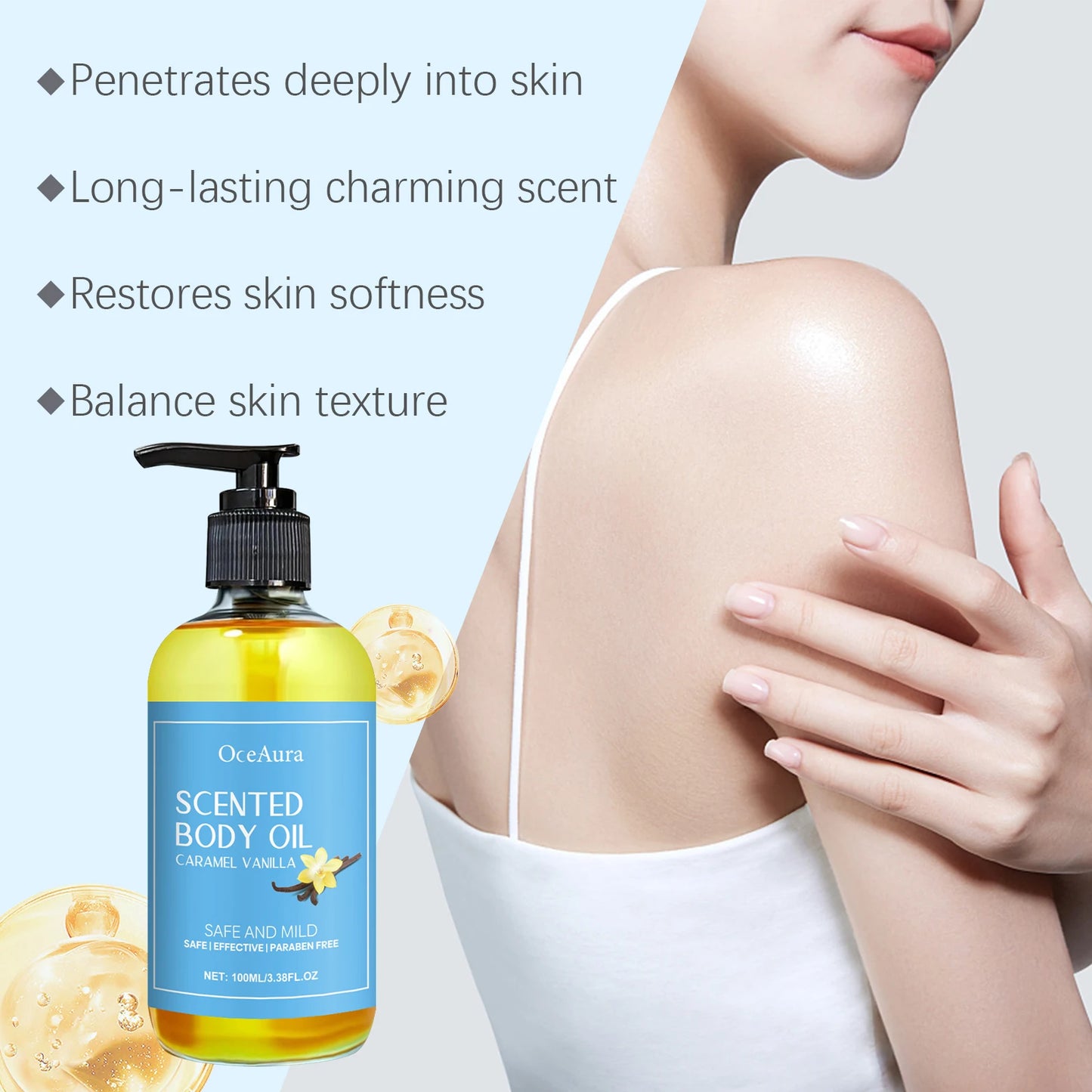 Caramel Vanilla Body Massage Oil Improve Moisturizing Relieve Stress Muscle Relaxing Body SPA Lasting Scent Body Essential Oils