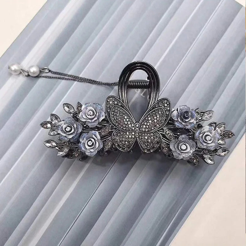 1pc Women's Blue Fairy Orchid Ringflower Water Diamond Butterfly Fashion Style Grip Clip Pan Hair Shark Clip Hair Accessories