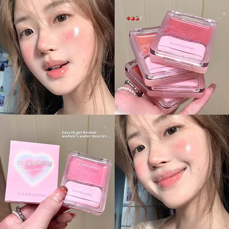 Orange Pink Blusher Plate with Puff Water Gloss Blush Cream Makeup Lasting Moisturizing Cheek Tint Rouge Portable Blush Cosmetic
