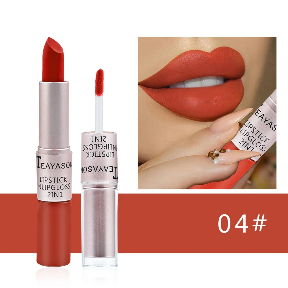 1Pc Long Lasting Velvet Matte Lipstick Double Head Lip Gloss Non-stick Cup Lip Gloss Waterproof 2 in 1 Matte Red Lipstick Makeup
