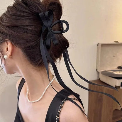 Fashion Black Long Ribbon Bow Claw Clip Back Butterfly Clips Shark Clip Women Girl New Frosted Hair Accessories Hair Claw Clip