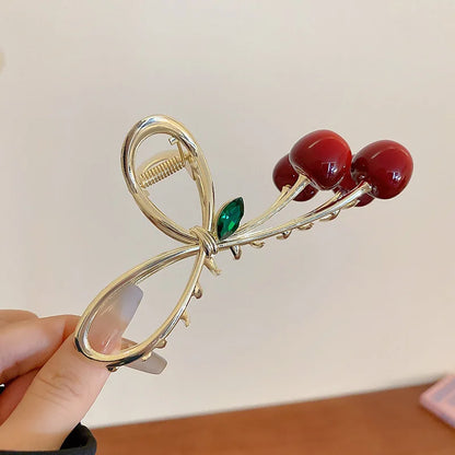 Women Elegant Cherry Hair Claw Grab Clips Bow Hairpins Korean Fashion Barrettes Girls Ponytail Shark Clip Hair Accessories