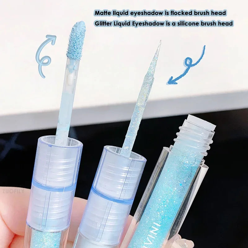 2 In 1 Double-head Glitter Liquid Eyeshadow Brightening Lightweight Waterproof Matte Blue-green Summer Lying Silkworm Eye Makeup