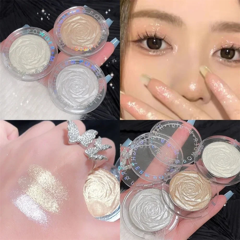 3 Colors Rose Diamond Highlighter Powder Palette Glitter Brighten Highgloss Makeup Ultra-concentrated Glow Face Contour Cosmetic