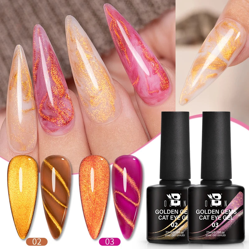 1- 6pc Golden Glitter Cat Magnetic Nail Gel Cat Eye Holographic Reflective Semi Permanent UV Gel Soak Off Sparkling Nail Art