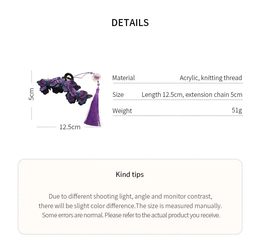 New Chinese Style Kniting Butterfly Hair Claws Women's Purple Long Flower Tassel Shark Grab Clips Vintage Hanfu Headpiece W