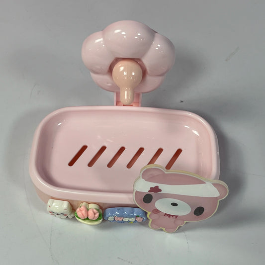 Cute Cartoon Bear Cat Tulip Adhesive Soap Box No Drill Glue Mount Drain Soap Holder Bathroom Wall Soap Dish
