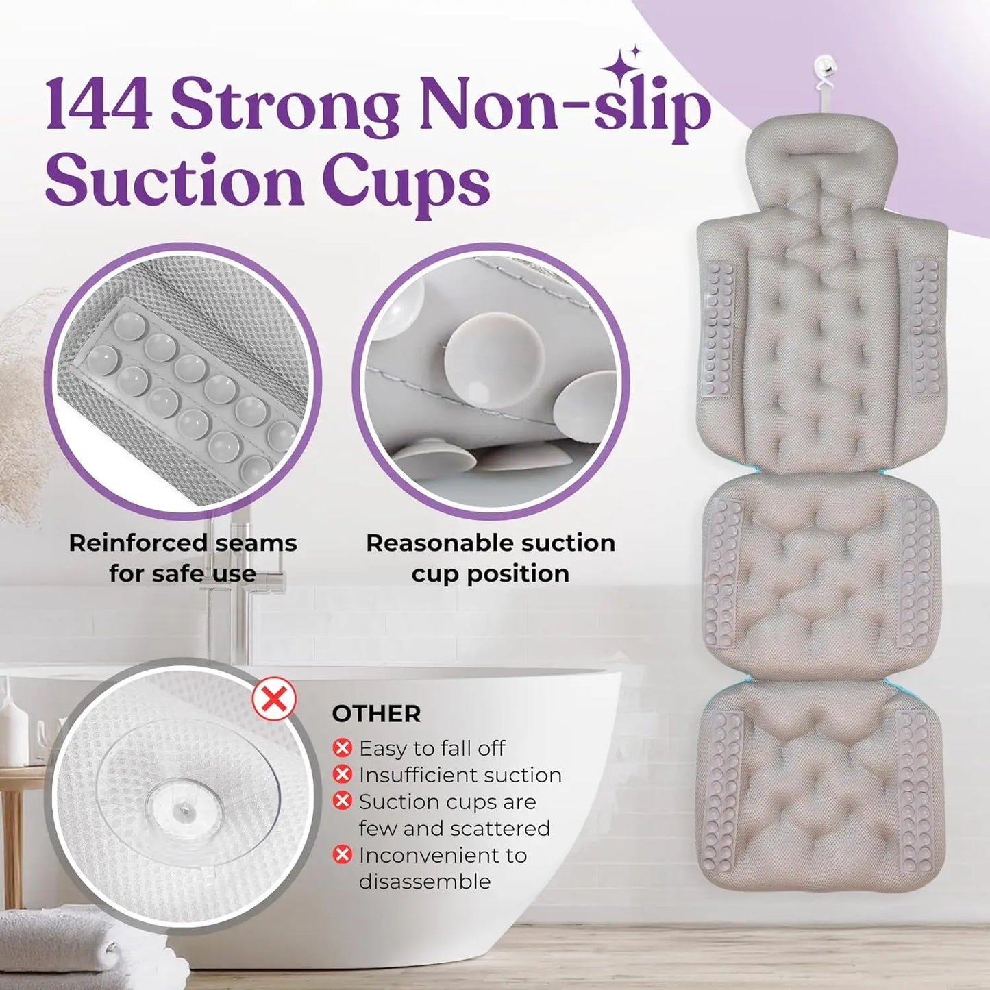 Bathtub Pillow for Full Body Bath Pillow, Thick Bath Cushion for Tub with Foam Beads & Secure Suction Accessories, 127 x 38 cm