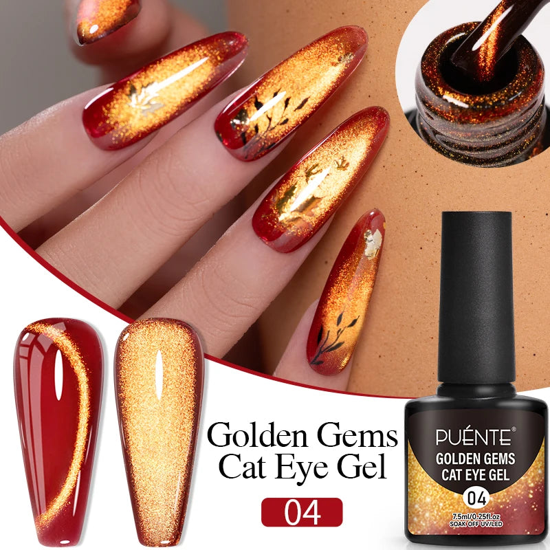 PUENTE 7.5ML Golden Gems Cat Magnetic Gel Nail Polish Pink Brown Blue Colors Golden Glitter Cat Eye Soak Off UV Nail Art Varnish