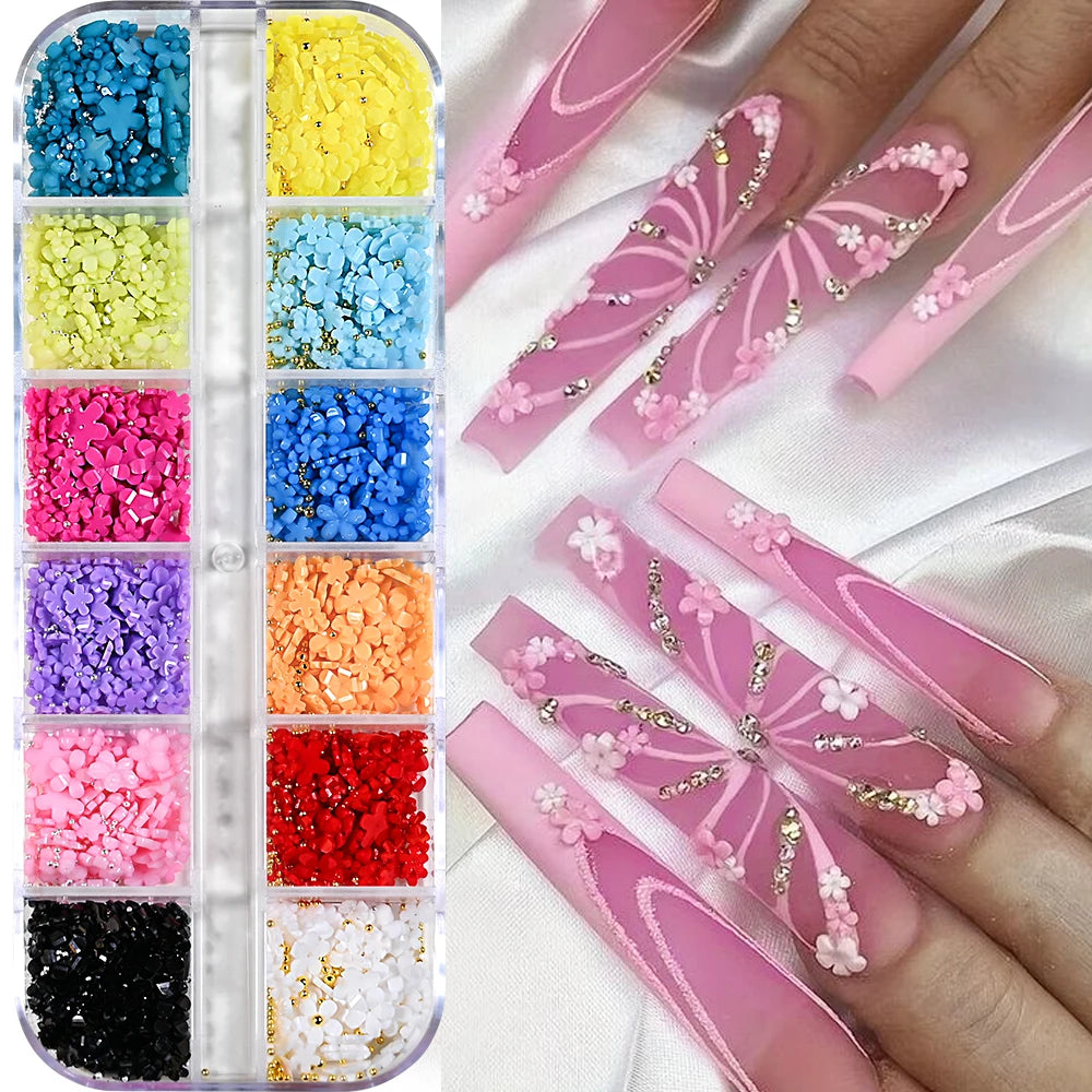 12Grids/Box Five-Petal Flower/Steel Beads Nail Art Charms Mixed-Size Flowers Gold/Silver Ball Rhinestones DIY Manicure Diamonds