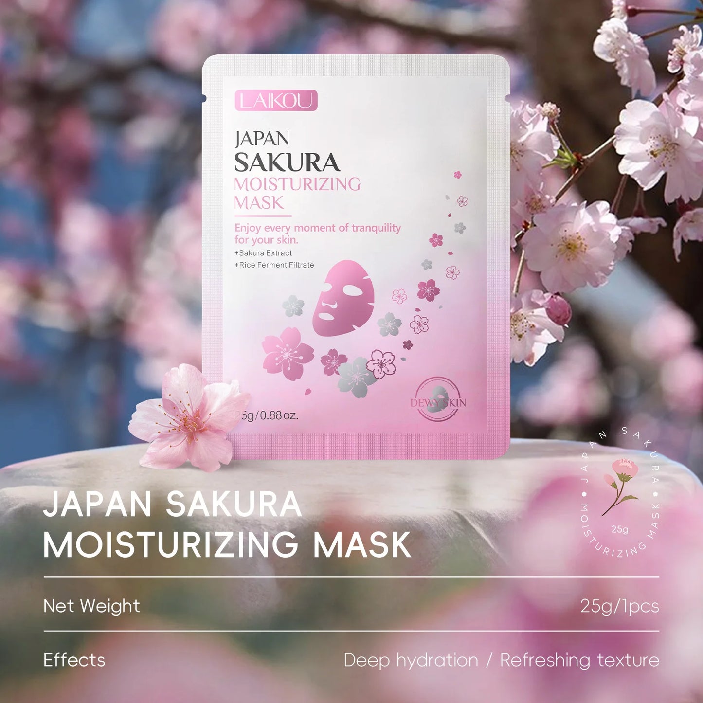 Laikou Sakura Facial Mask, Hydrating & Brightening Sheet Mask for Moisturized and Radiant Face Masks Skin Care Cosmetics 25g