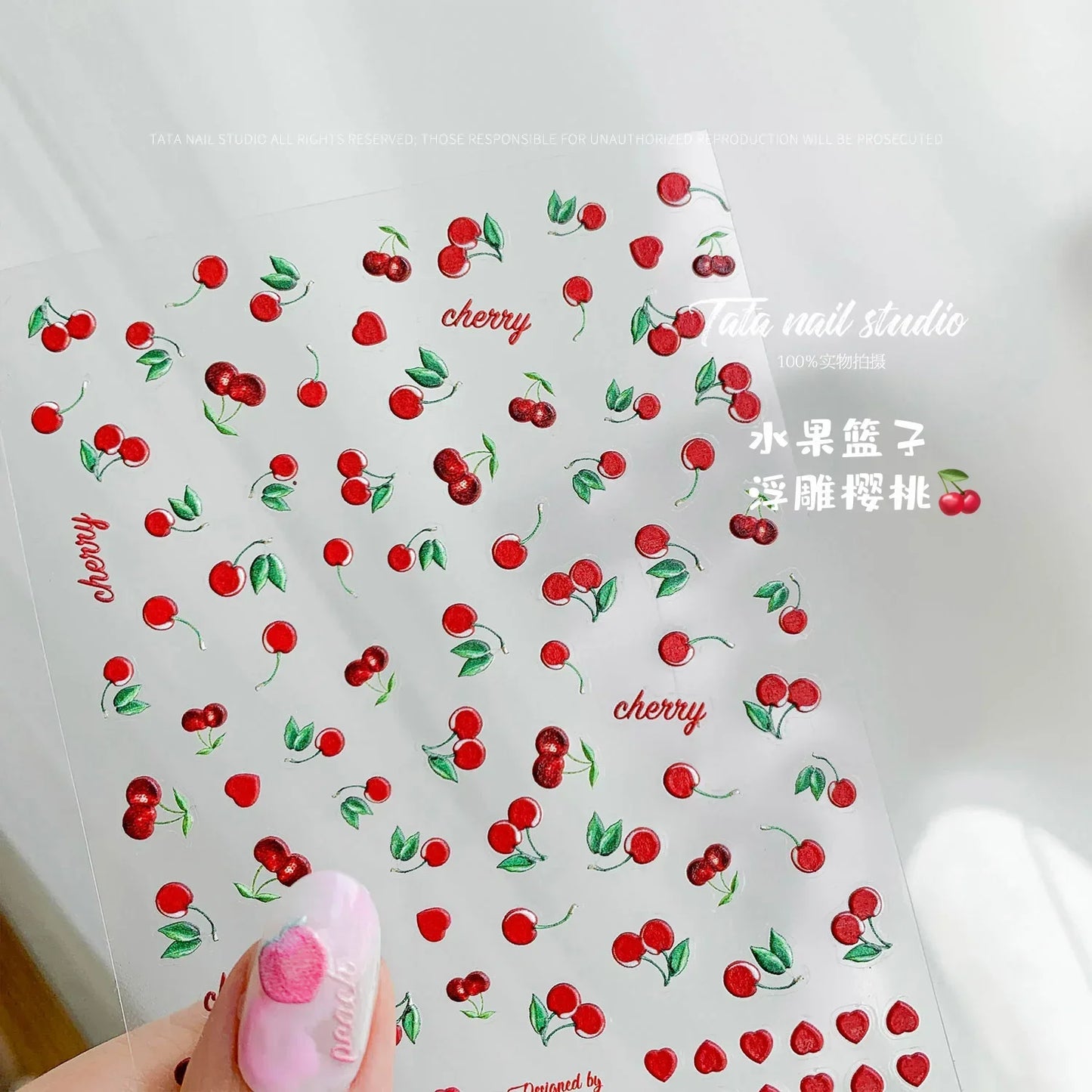 Lovely Red Fruit Strawberry Cherry Bowknot Love Heart Star Silk Ribbon 5D Nail Art Stickers Chic Self Adhesive Manicure Decal
