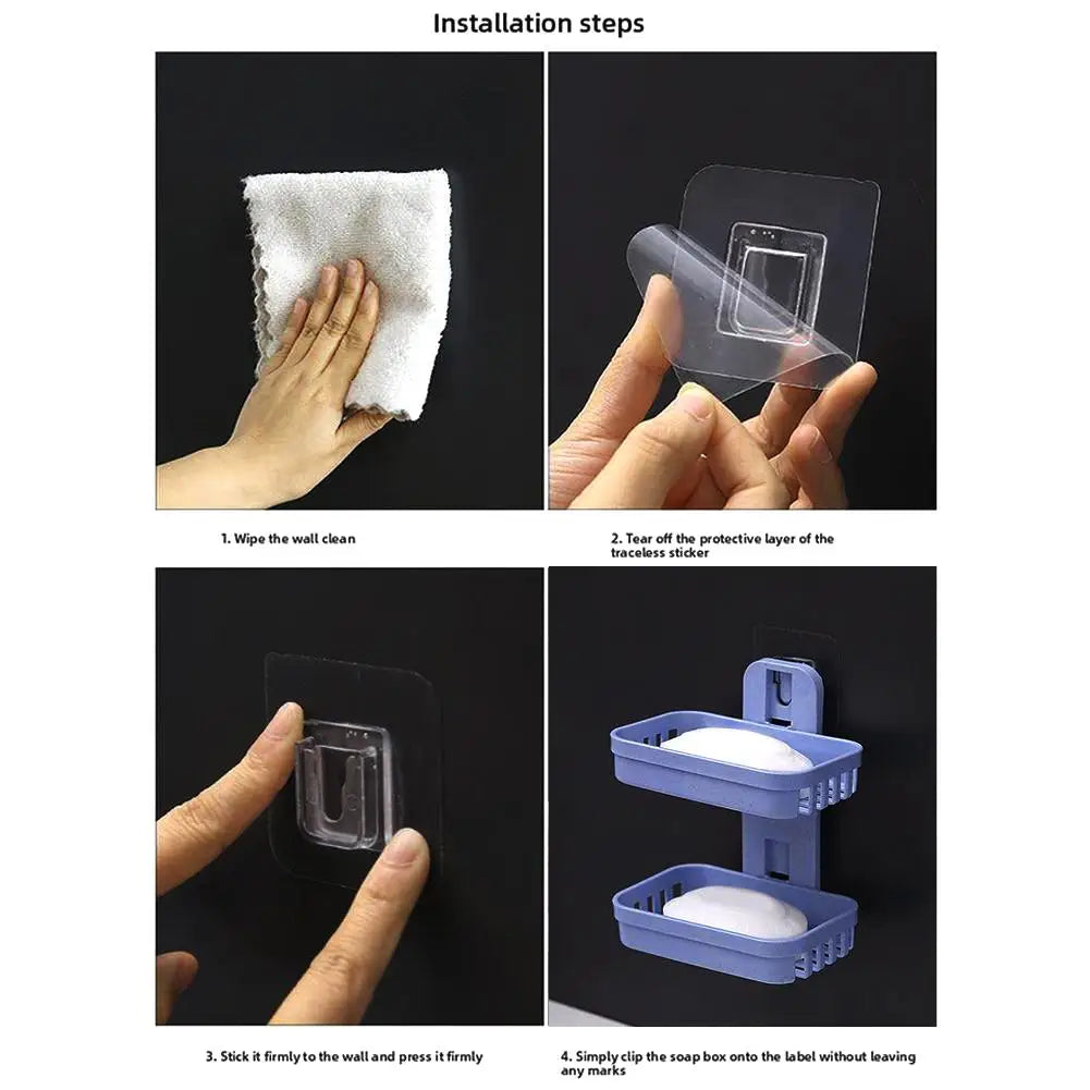 Self Adhesive Soap Dish Holder Wall Mounted Double Drain Soap Box Removable Plastic Soap Storage Basket For Bathroom