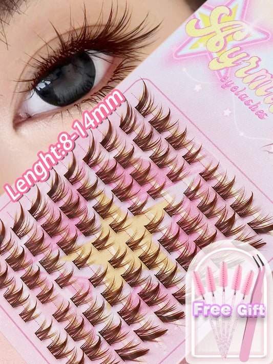 80 Clusters of Brown Natural Fox-Style Cat Eye False Eyelashes Makeup Tools, Natural Segmented Eyelash Bundles Makeup Tools