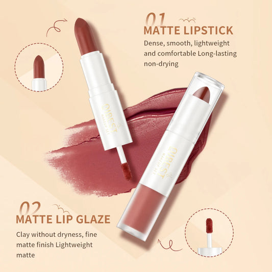 QIBEST 2 In 1 Matte Lipstick Lip Gloss Makeup Double Head Lip Satin Sexy Red Purple Lipgloss Long Lasting  Lip Tint Makeup