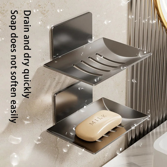 Carbon Steel Wall Mounted Soap Holder No Drilling Bathroom Soap Dish Storage Rack Self-Adhesive Soap Box for Shower Bathroom