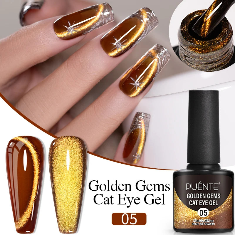 PUENTE 7.5ML Golden Gems Cat Magnetic Gel Nail Polish Pink Brown Blue Colors Golden Glitter Cat Eye Soak Off UV Nail Art Varnish