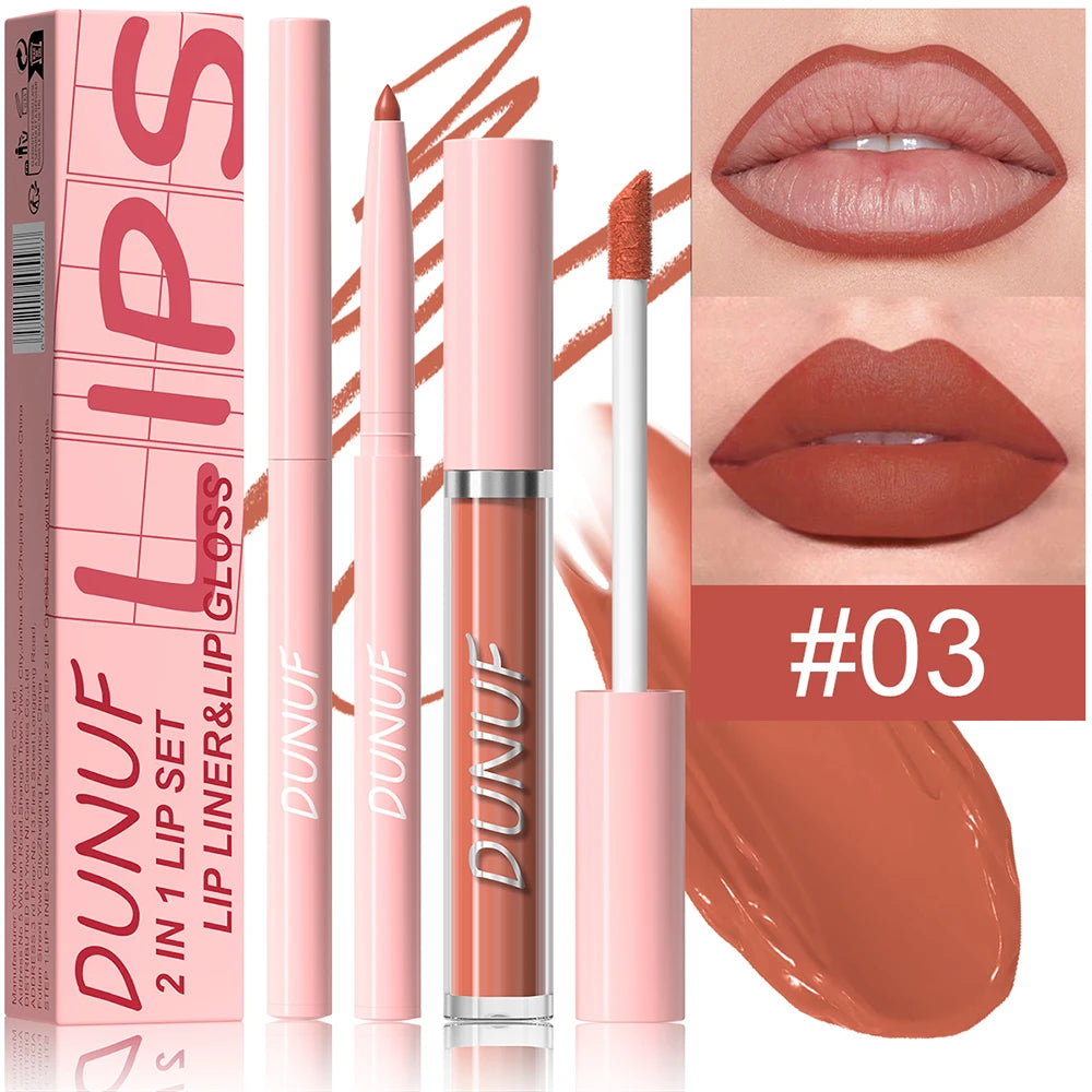 Matte Lip Gloss Lip Liner Set, 2pcs Waterproof Non-sticky Long-Lasting Lipstick, Nude Deep Red Mauve, Y2K Makeup Christmas Gift
