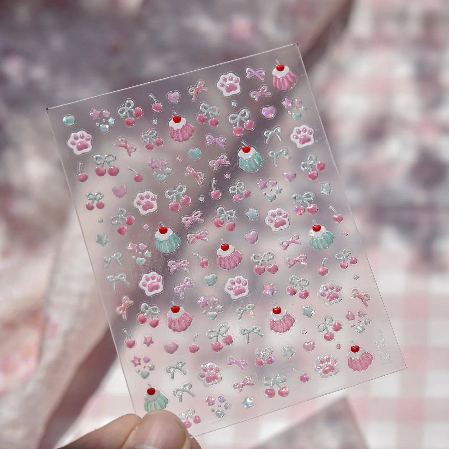 1pcs Cute Small Cat Claw Cherry Nail Art Charms Stickers Shiny 5D Jelly Cherry Pudding Bows Design Adhesive Sliders Nail Decals