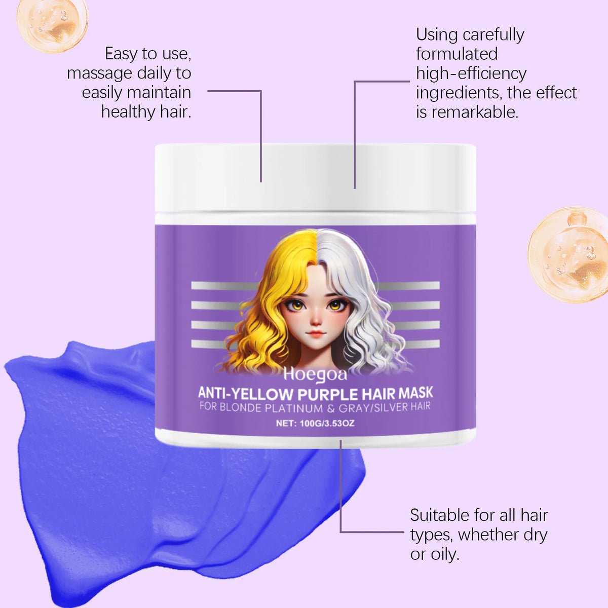 HOEGOA Purple Hair Mask Anti Yellow Deep Nourishing Shiny Hair Repair Dry Frizzy Damaged Maltreated Hair Care Conditioner 100g