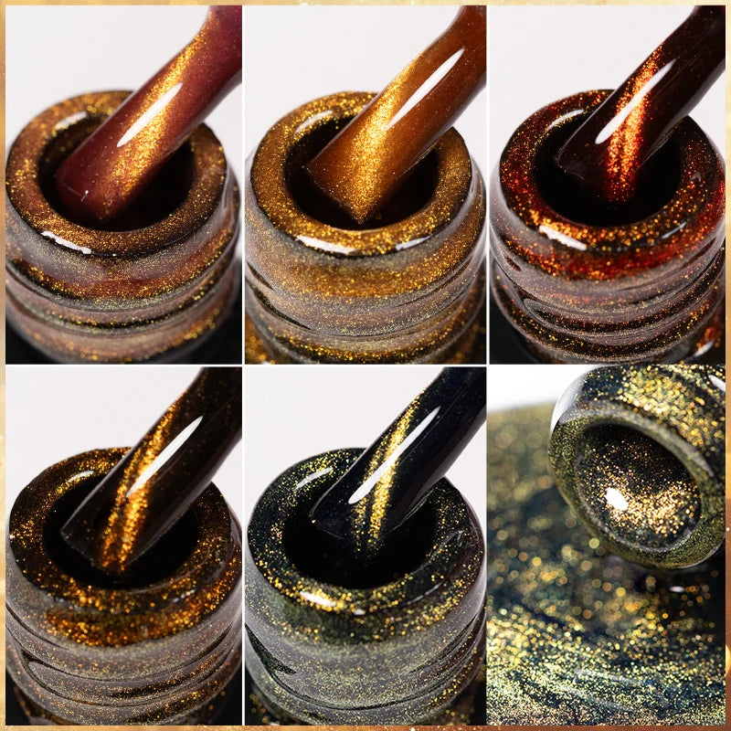 PUENTE 7.5ML Golden Gems Cat Magnetic Gel Nail Polish Pink Brown Blue Colors Golden Glitter Cat Eye Soak Off UV Nail Art Varnish
