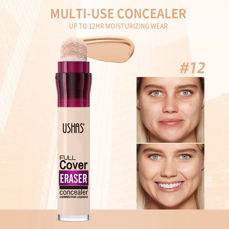 USHAS 12 Color Liquid Concealer Moisturizing Rotating Sponge Head Concealer Long Lasting Lightweight Multi-use Foundation Makeup